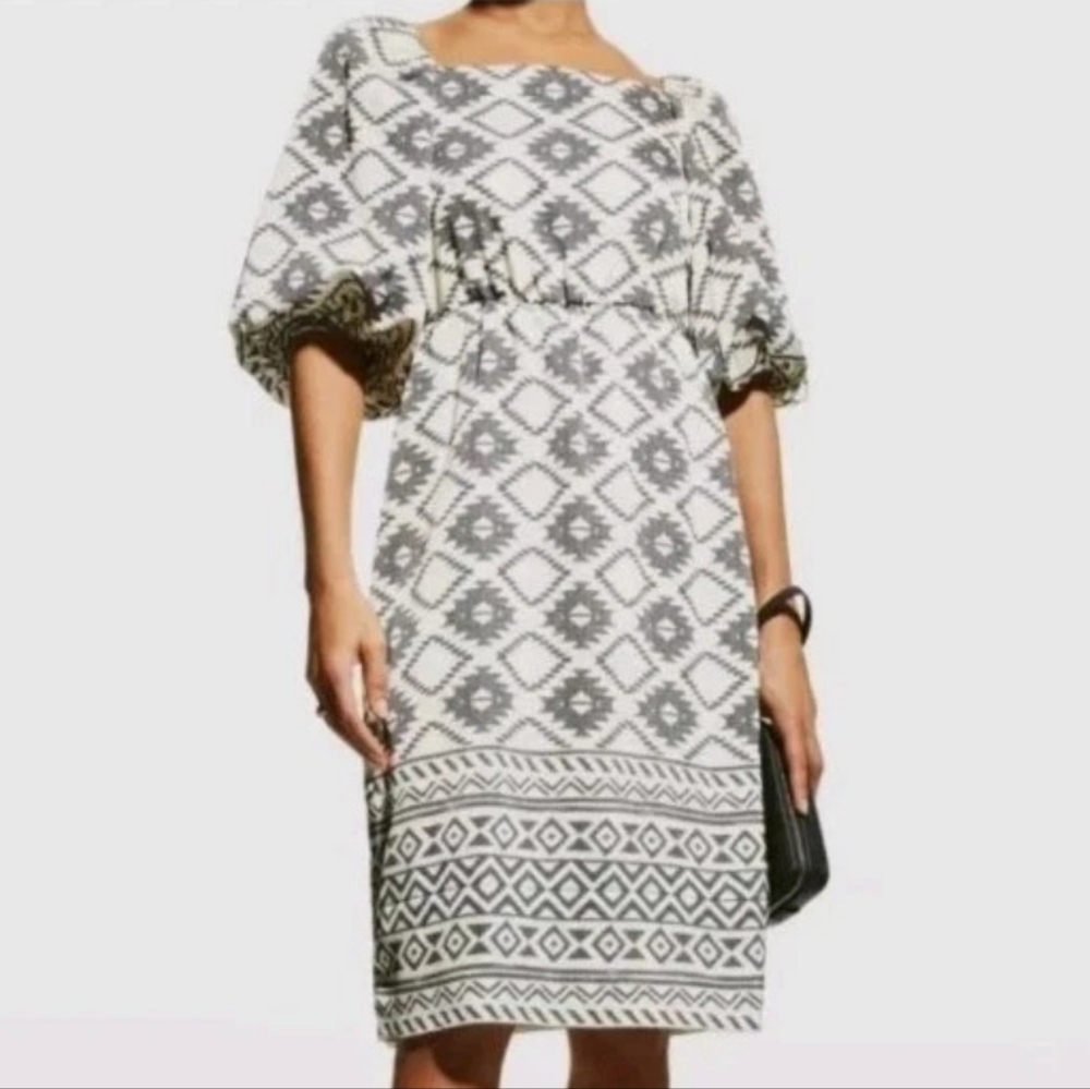 Sachini Babi Square Neck Sheath Dress Sz XL Ivory Satin Grey Tribal Puff Sleeves